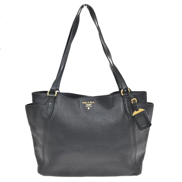 PRADA Logo Shoulder Tote Bag Leather Black Gold Made in Italy - Picture 1 of 14